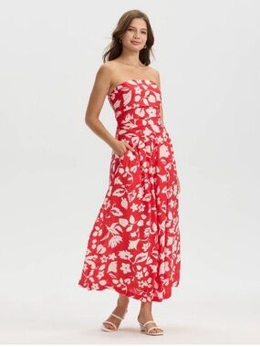 a new day Strapless Red and White Floral Midi Dress